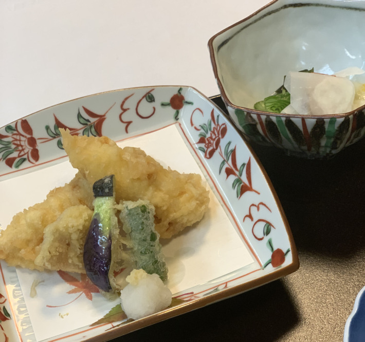 人丸花壇 夕食：穴子の天ぷら