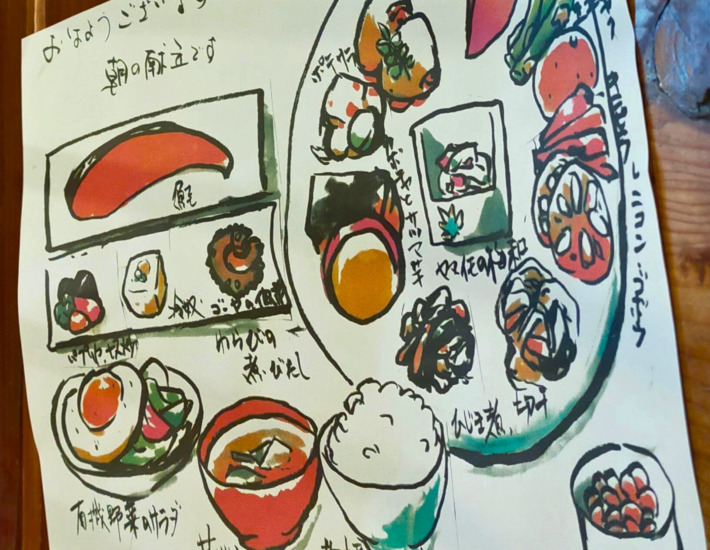 御宿一富士  朝食の献立表。丁寧にイラストで書かれています。